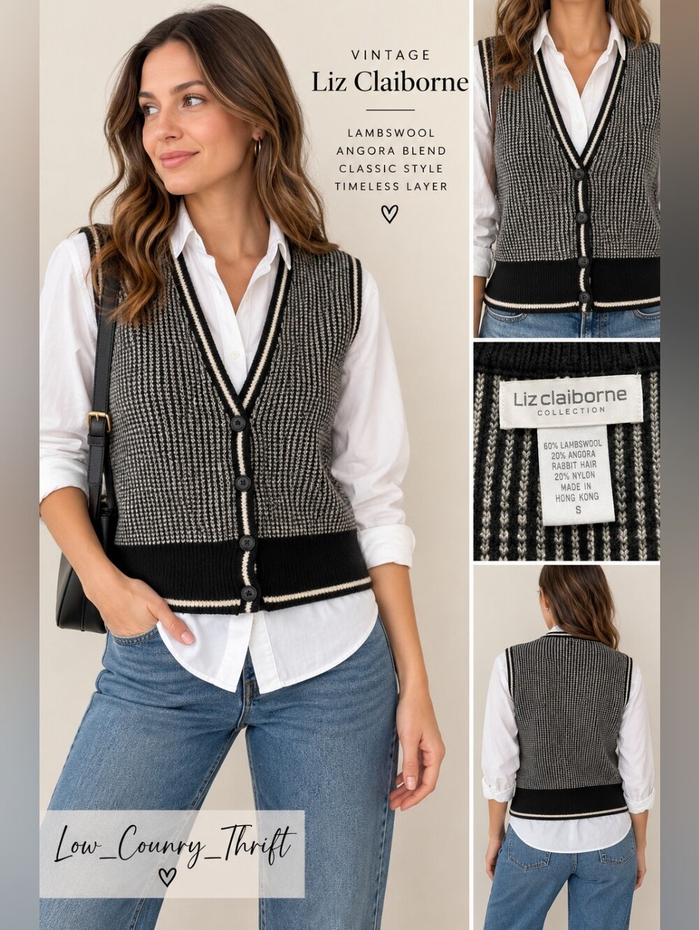Vintage Liz Claiborne Lambswool Angora Sweater Vest Black Cream Small